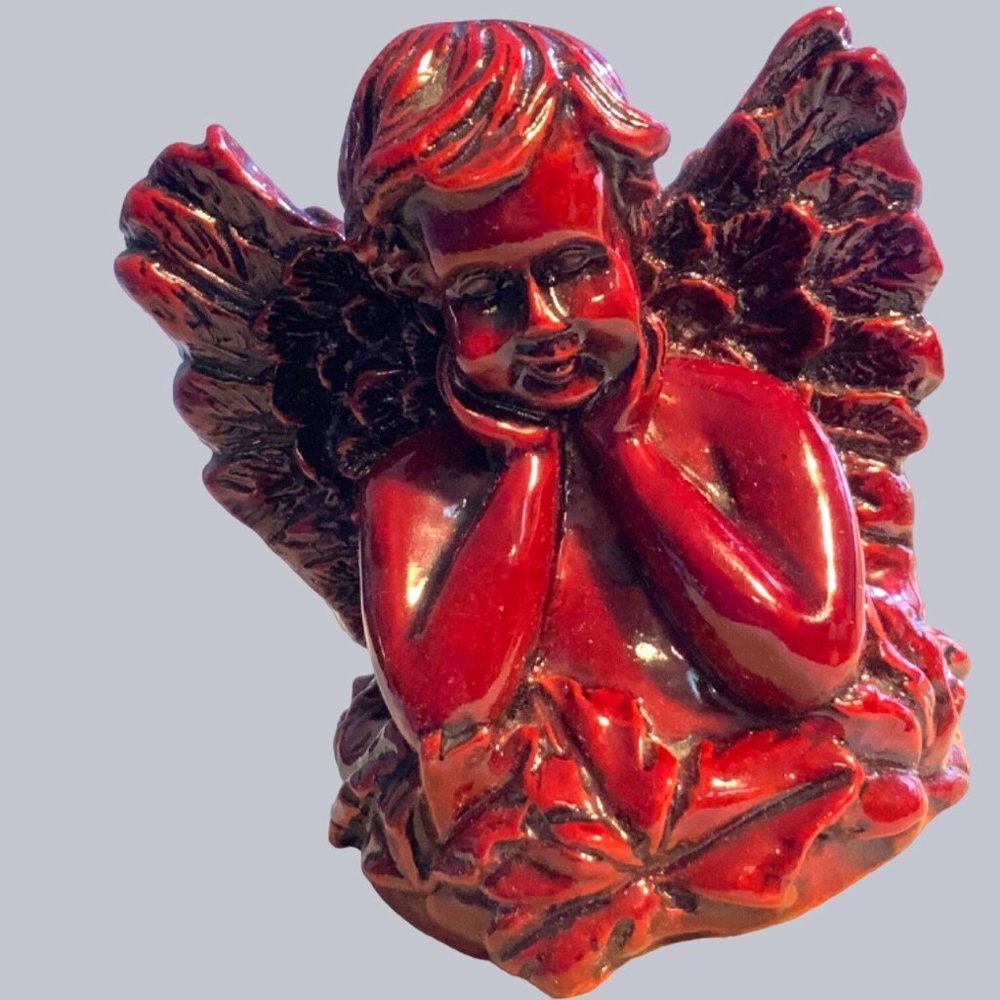 Winged Angel Cherub Shiny Carved Resin Dark Red Color Figurine 4"